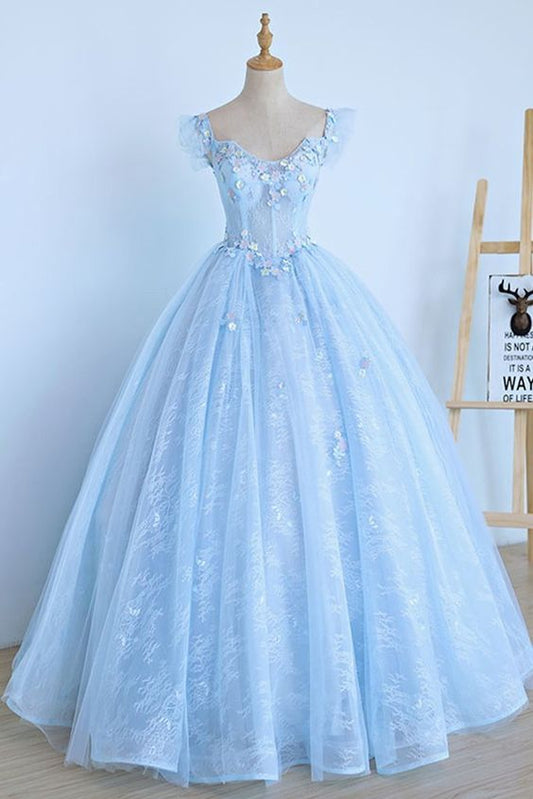 Light Blue Lace Cap Sleeve Long Sweet 16 Prom Dress, Evening Dress cg2195