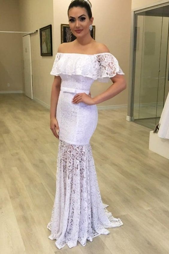 Lace Off-the-shoulder White Bridal Gown with Sheer Skirt Prom Dress   cg21969