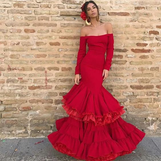 Off the Shoulder Prom Dresses, Long Sleeve Prom Dresses, Red Prom Dresses   cg21970