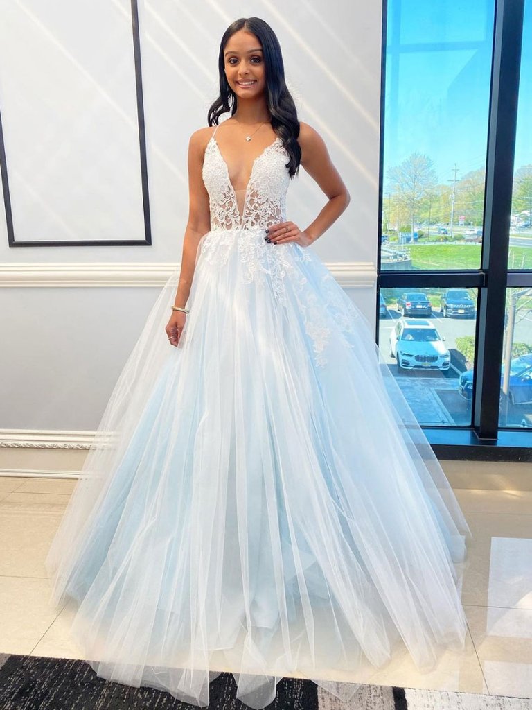 LIGHT BLUE TULLE LACE LONG PROM DRESS TULLE FORMAL DRESS    cg21978