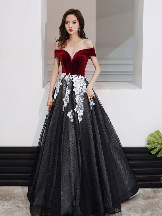 Charming Red And Black Velvet Top Sweetheart Prom Dress, A-line Long Evening Dress Formal Dress   cg21986