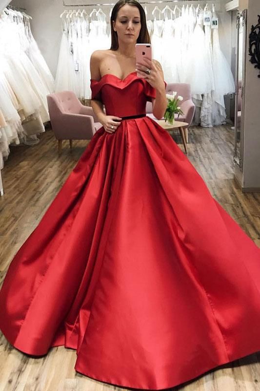 Red Ball Gown Off the Shoulder V Neck Satin Prom Dresses    cg21999