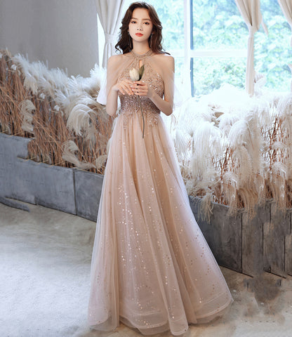 CHAMPAGNE TULLE SEQUINS LONG A LINE PROM DRESS EVENING DRESS    cg22003