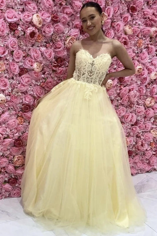 Yellow lace long A line prom dress evening dress     cg22025