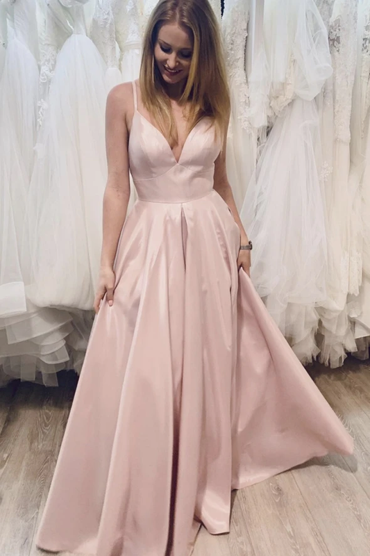 Pink v neck satin long A line prom dress evening dress    cg22027