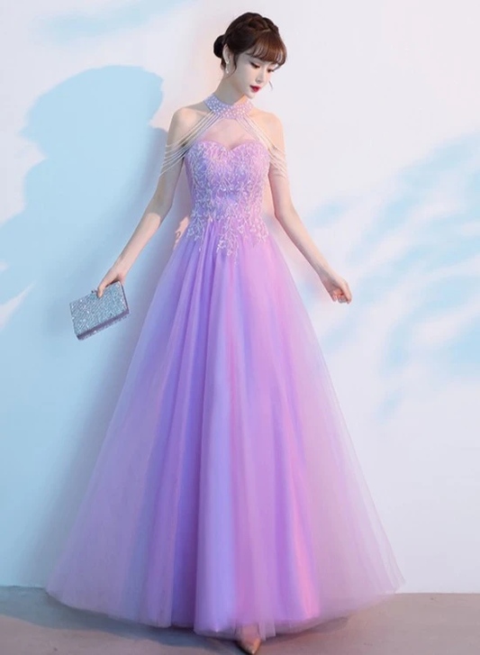 Purple Tulle Beaded Floor Length A-Line Prom Dress, Long Evening Dress Party Dress   cg22029