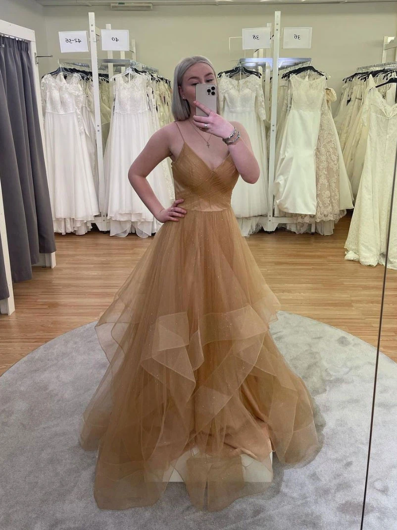 Gold v neck tulle sequin long prom dress gold evening dress    cg22031