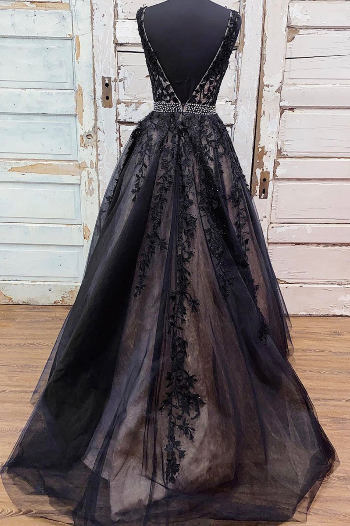 BLACK V NECK LACE LONG A LINE PROM DRESS EVENING DRESS    cg22032