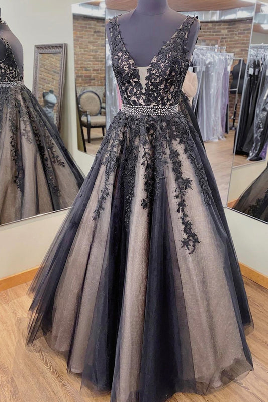 BLACK V NECK LACE LONG A LINE PROM DRESS EVENING DRESS    cg22032