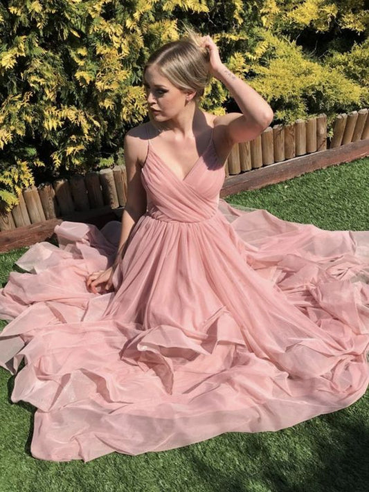 V Neck Pink Long Prom Dresses, Pink Long Formal Evening Dresses     cg22045