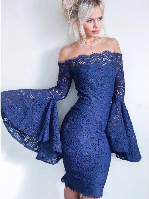 Off the Shoulder Lace Sheath Party Dress with Bell Sleeves Prom Dresses     cg22048