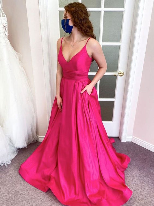 Simple pink v neck satin long prom dress pink formal dress    cg22059