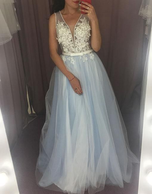 Light blue tulle lace long prom dress, blue evening dress    cg22060