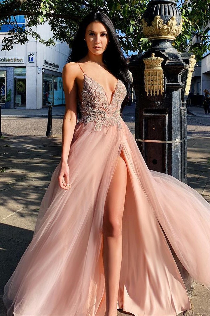 Sexy Straps Beaded Pink Formal prom Dress with Slit    cg22061