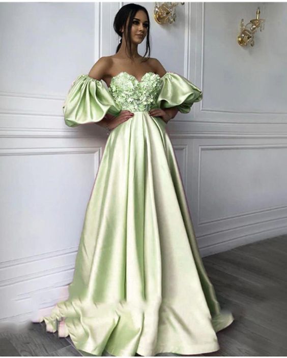 Mint Green Puffy Sleeves Satin Flowers Sweetheart A Line Long Prom Dresses for Girls   cg22071