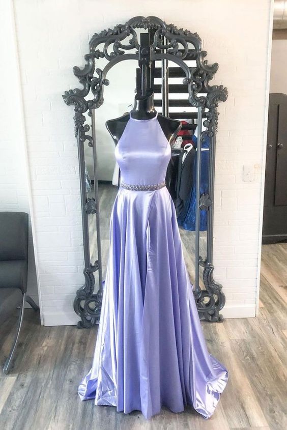 New Brand Lavender Satin A Line O Neck Long Prom Dress, Party Dresses    cg22072