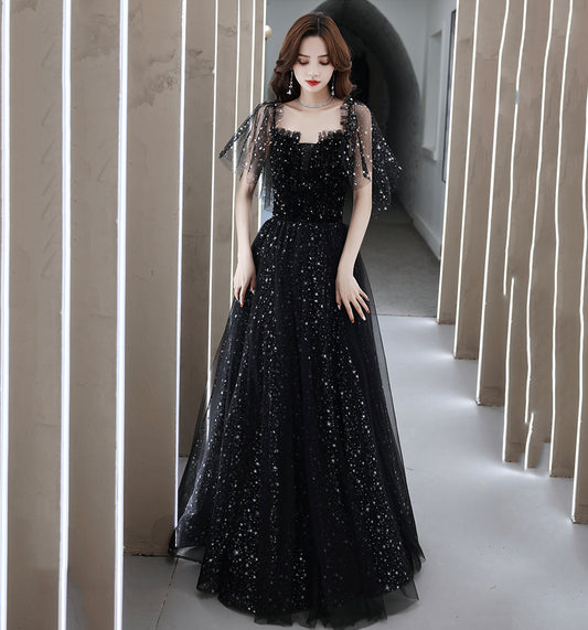 BLACK TULLE LONG A LINE PROM DRESS EVENING DRESS    cg22073