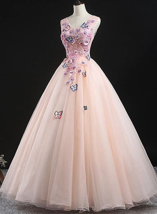 Charming Pink Flowers Ball Gown Long Sweet 16 Dress, Pink Prom Dress    cg22091