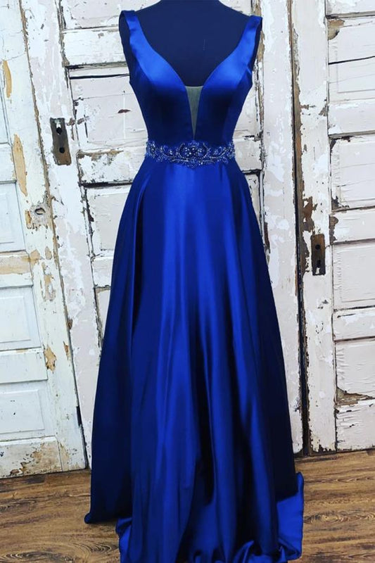 Blue satin long A line prom dress evening dress    cg22095