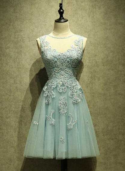 Lovely Homecoming Dress Mint Green Tulle Short Lace Beaded Knee Length Wedding Party Dress    cg22096