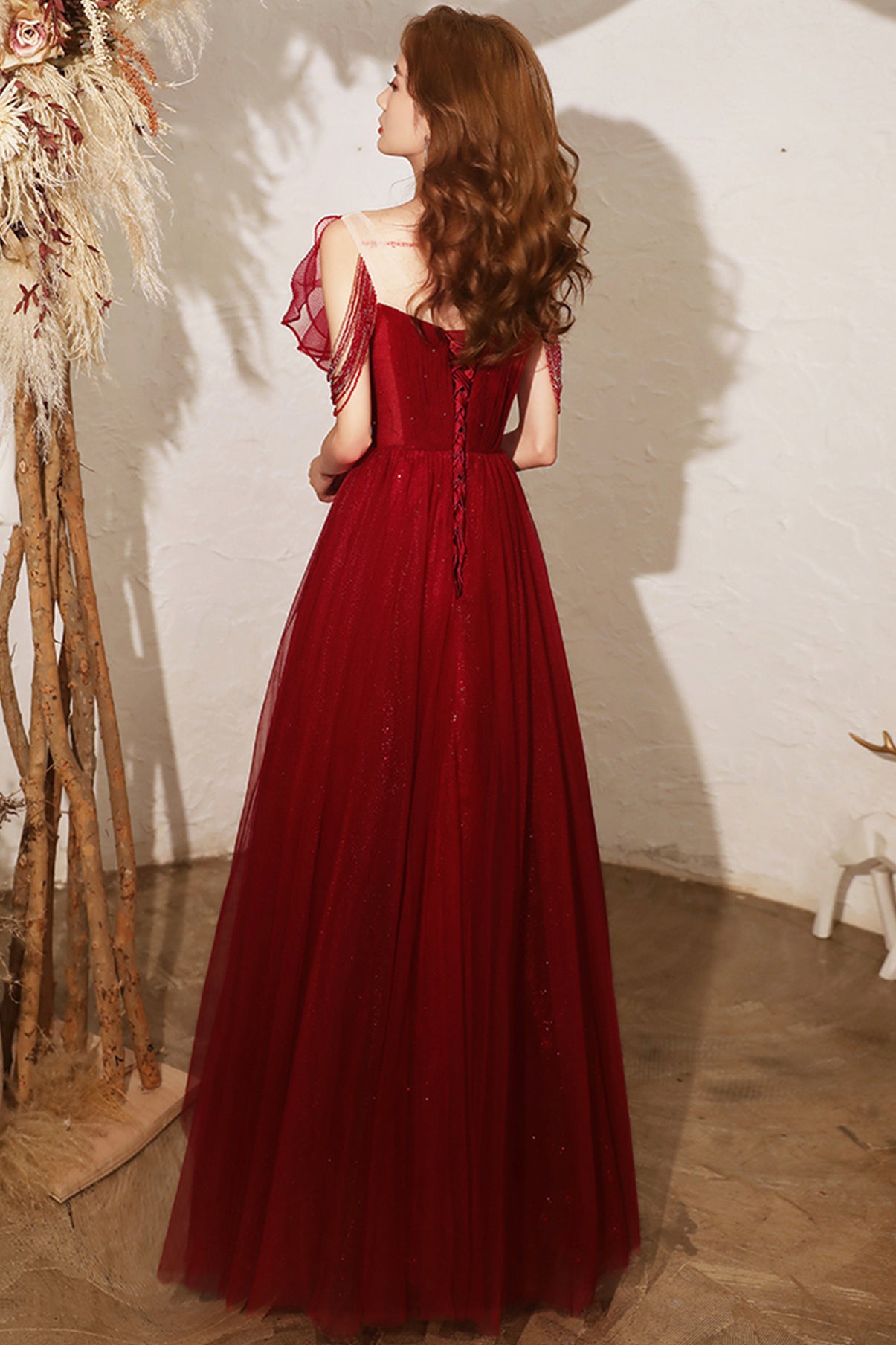 BURGUNDY TULLE LONG A LINE PROM DRESS EVENING DRESS    cg22109