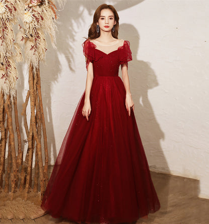 BURGUNDY TULLE LONG A LINE PROM DRESS EVENING DRESS    cg22109