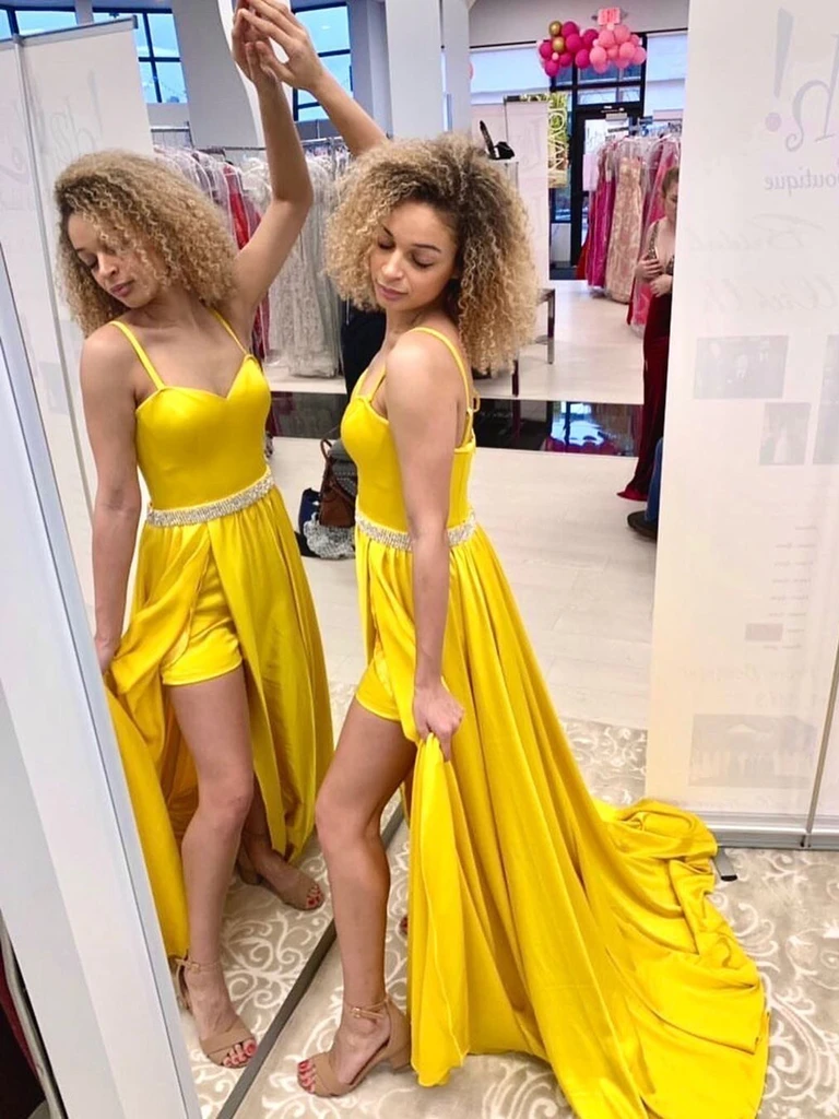 A Line Open Back Yellow Long Prom Dresses with Belt, High Slit Yellow Formal Dresses, Yellow Evening Dresses    cg22112