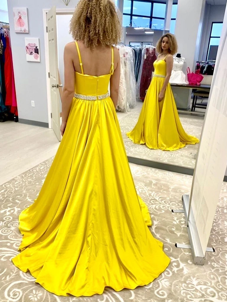 A Line Open Back Yellow Long Prom Dresses with Belt, High Slit Yellow Formal Dresses, Yellow Evening Dresses    cg22112