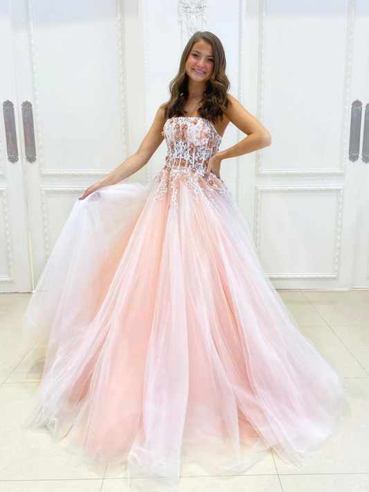 Pink A-line tulle lace long prom dress pink lace long evening dress    cg22171