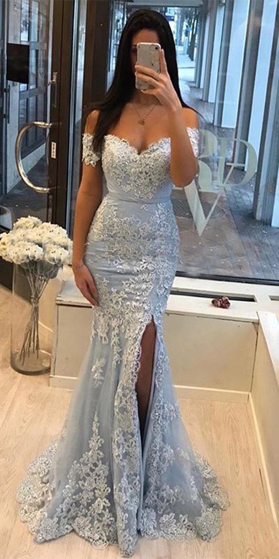 Blue Off the Shoulder Front Split Mermaid Dress Prom Dress    cg22176