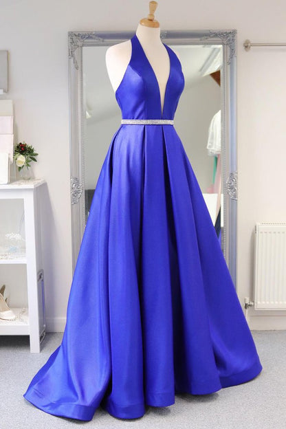 Royal Blue Satin Deep V Neck Simple Long Prom Dress Backless Party Dresses    cg22208