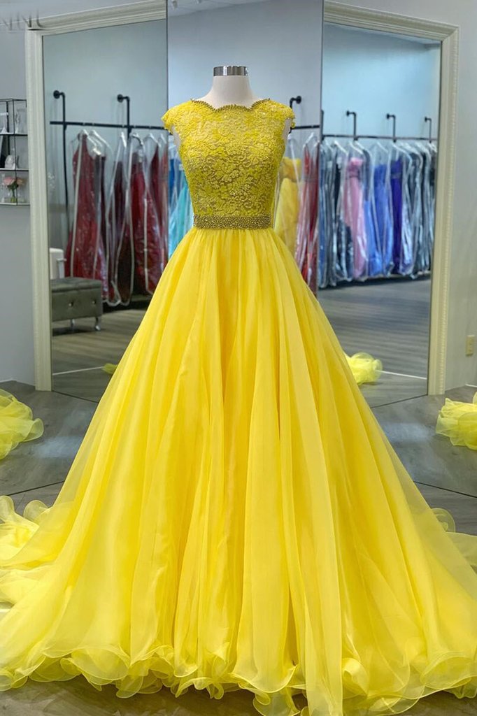 New Brand Yellow Lace Tulle Beaded Long Prom Dress Formal Dresses    cg22209