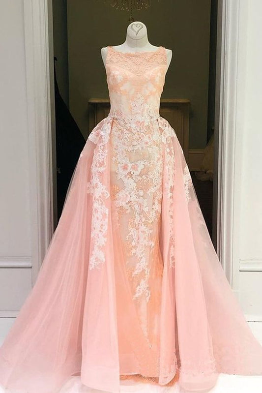 Peach Lace Bateau Neck Long Halter Evening Gown, Formal Prom Dress    cg22212