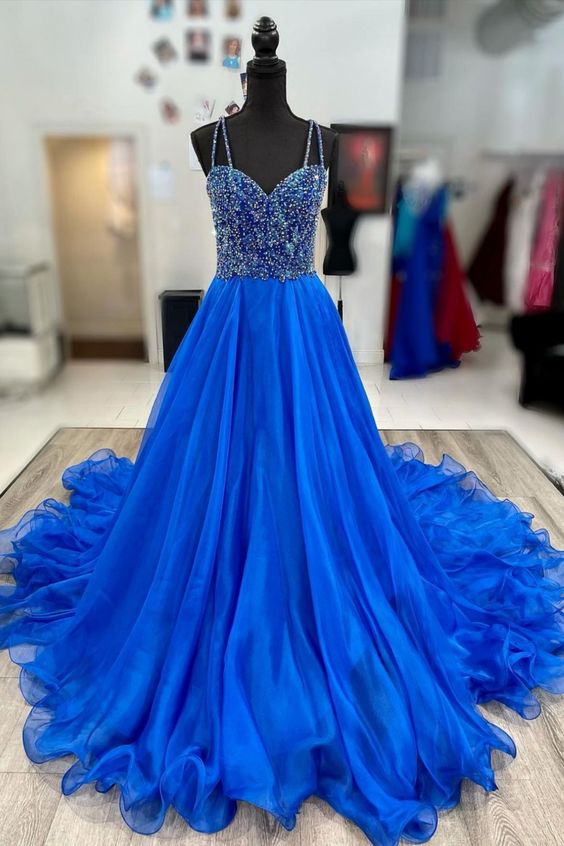 stunning straps beaded royal blue prom dress    cg22230