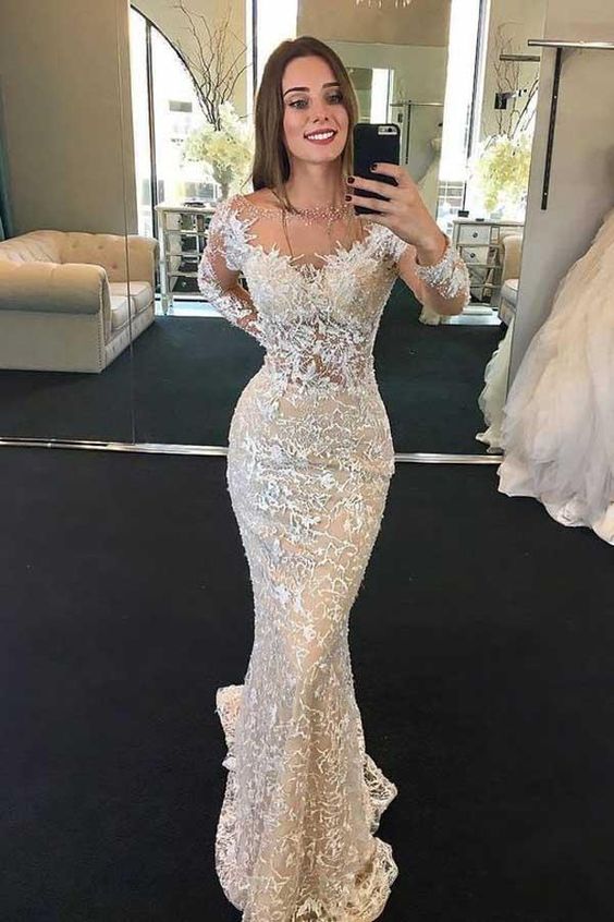 Gorgeous Mermaid Round Neck Long Sleeves Lace Wedding Prom Dresses    cg22238