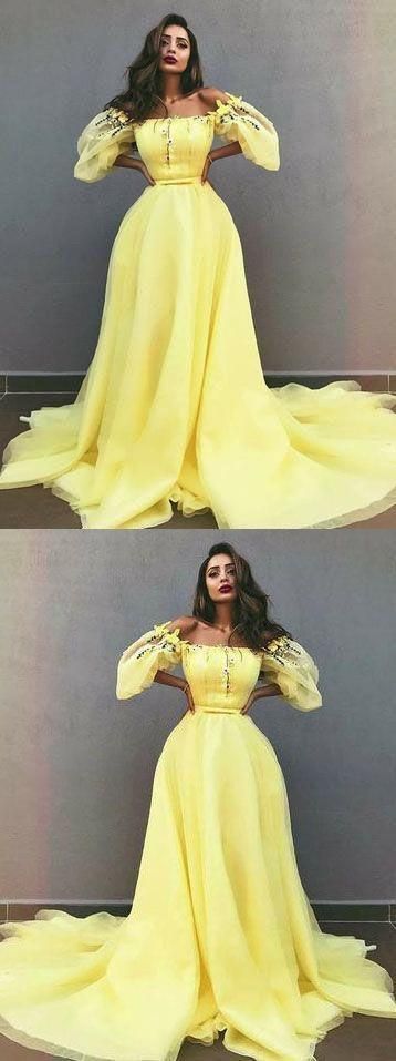 Charming Yellow Off Shoulder Chiffon A-Line Applique Prom Dresses cg2224