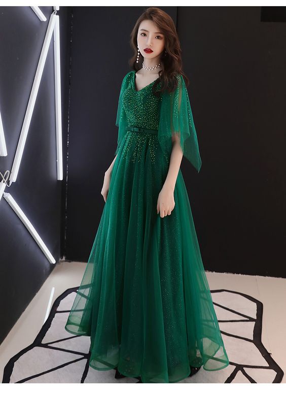 Green Beaded Tulle Long Prom Dress, A-line Lace-up Formal Dress    cg22254