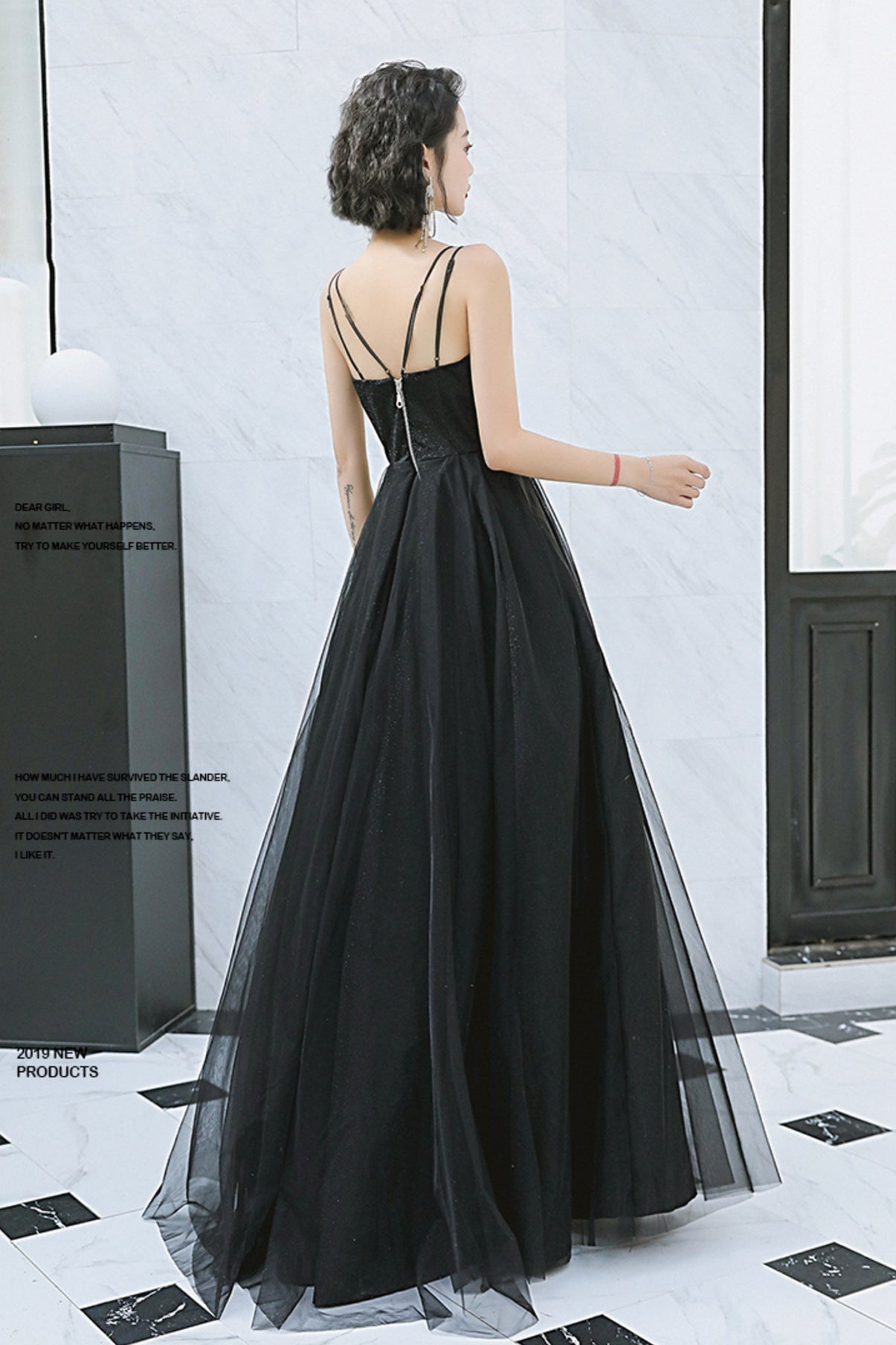 BLACK TULLE LONG A LINE PROM DRESS EVENING DRESS    cg22314