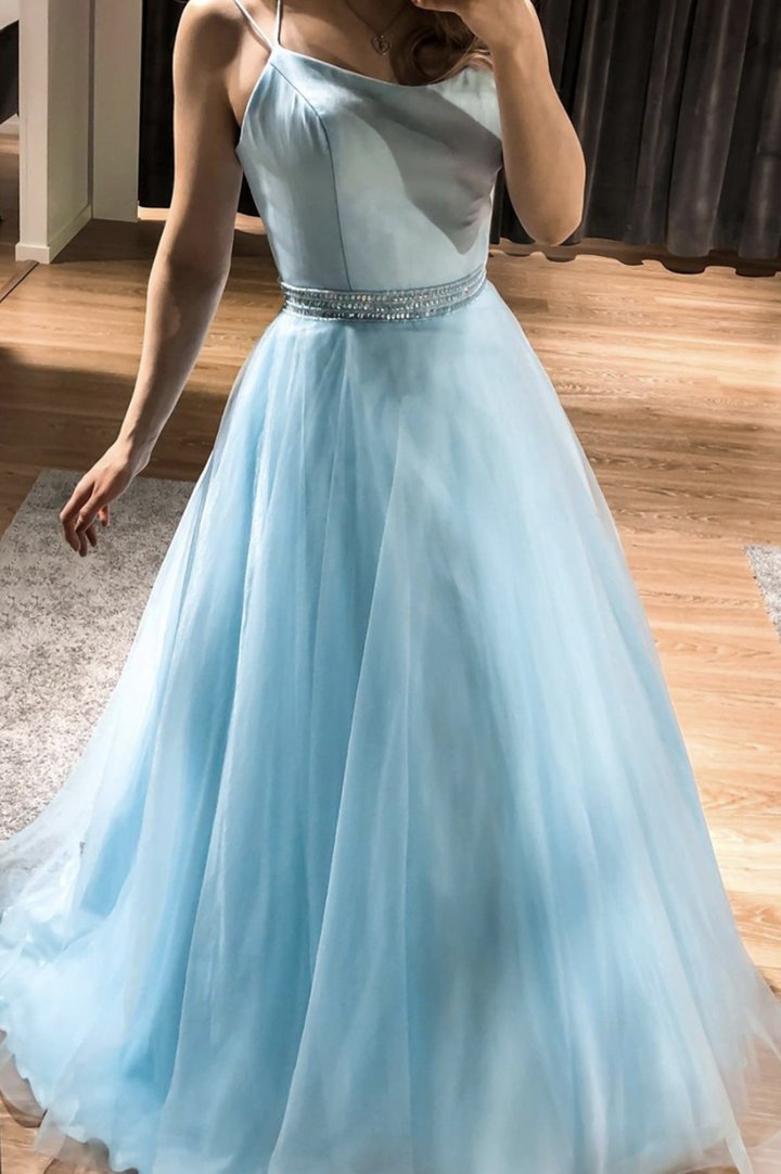 Blue tulle satin long A line prom dress evening dress    cg22318