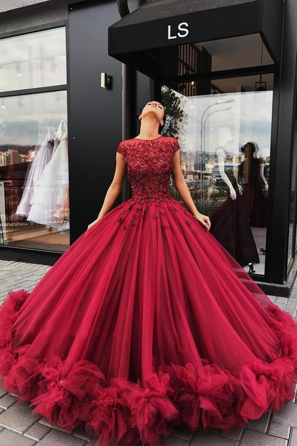 Red Tulle Ball Gown Prom Dress With Appliques, Sweet 16 Dress, Quinceanera Dresses    cg22322