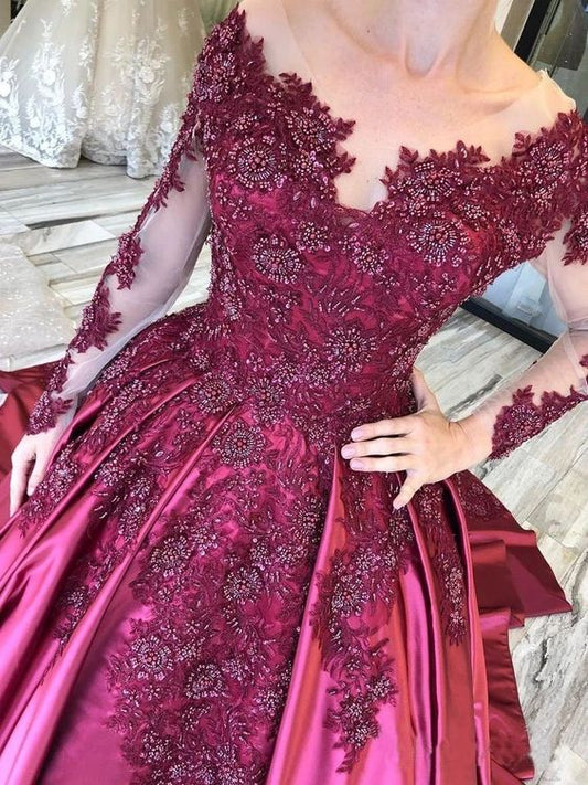 Ball Gown Long Sleeves Burgundy Satin Beads Prom Dresses with Appliques, Quinceanera Dress     cg22363