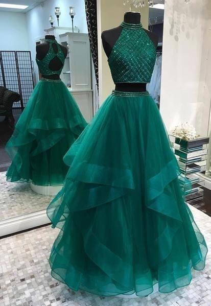 Ball Gown Two Pieces Green Prom Dress with Tiered Skirt cg2237