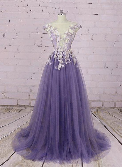 Light Purple Tulle Floral Long A-Line Prom Dress Wedding Party Dress, Lace Flowers Party Dress    cg22375