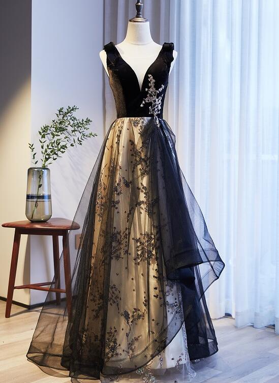 Black V-Neckline Velvet And Tulle New Style Prom Dress, Black Party Dress Evening Dresss    cg22378