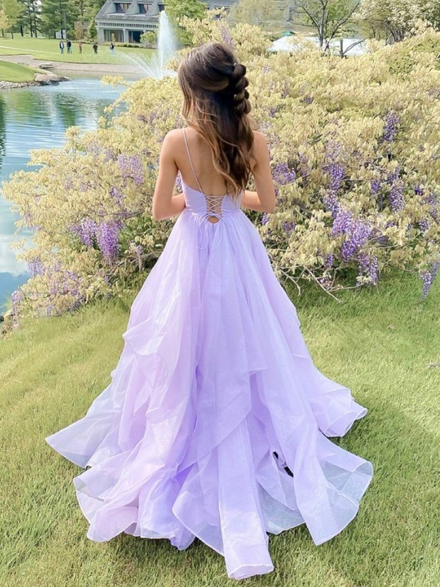 Purple v neck tulle long prom dress purple evening dress    cg22380