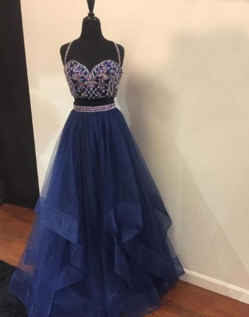 Blue two pieces tulle long prom dress, blue evening dress     cg22388