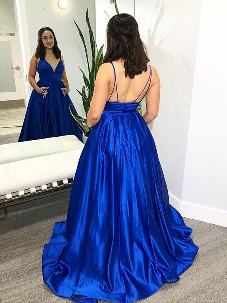 V Neck Royal Blue Satin Long Prom Dresses with Pocket, Royal Blue Formal Evening Dresses   cg22414