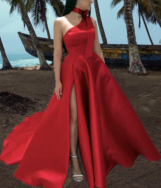 Red prom dresses one shoulder satin split evening gown for special occasions    cg22453