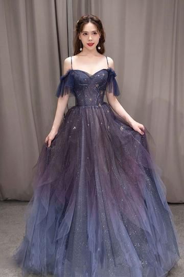 prom dresses Purple Tulle Spaghetti Straps Long Prom Dresses, Long Evening Dress   cg22455