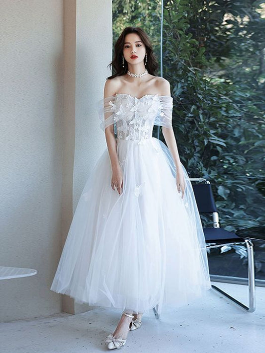 White Sweetheart Off Shoulder Tulle Lace Tea Length Prom Dress      cg22485